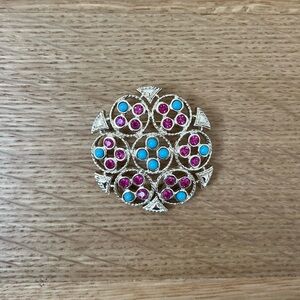 1970s Sarah Coventry Vintage Ceylon Brooch Turquoise Blue With Pink Rhinestones